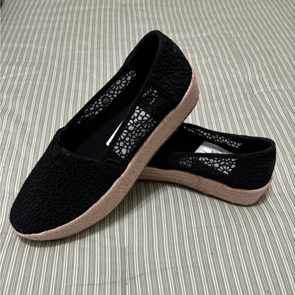 Toms Black Lace Espadrilles with Tan Sole